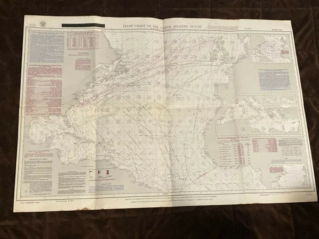 1943 Wwii Pilot Chart Of North Atlantic Ocean Cotidal Lines Us Navy Dept. Ww2