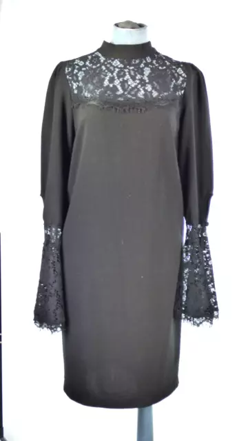 Belair schwarzes Kleid Party französischer Designer Glocke Spitzeneinsatz Ärmel UK 10 12 2