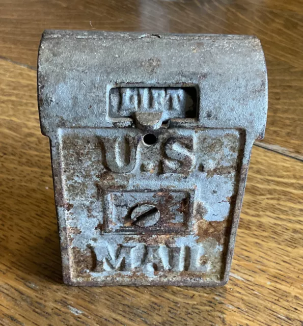 Antique Cast Iron Still Bank US Mail Box Silver Red Letters Hinged Slot Kenton