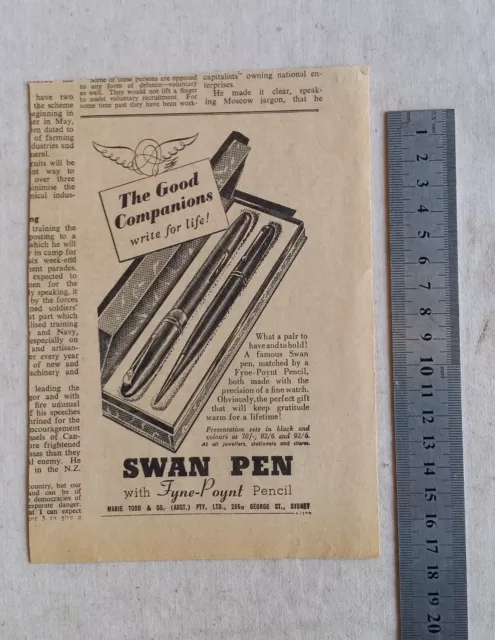 Swan Pen Pencil Advertisement Removed from a 1949 Australian Newspaper Ink Pens