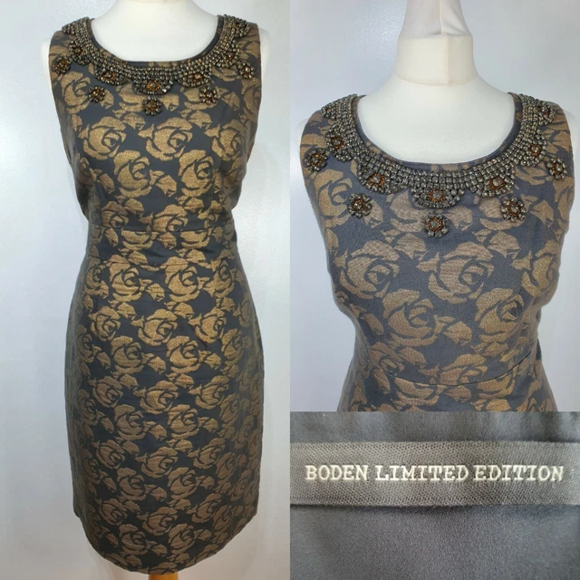 Boden Dress Grey Gold Size 12 Limited Edition Floral Print Beaded Fitted Shift