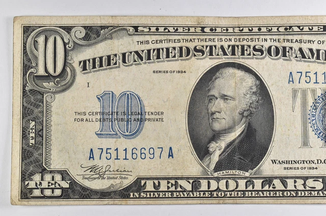 CRISP - 1934 SILVER CERTIFICATE - US $10 Note - Higher Grade *580