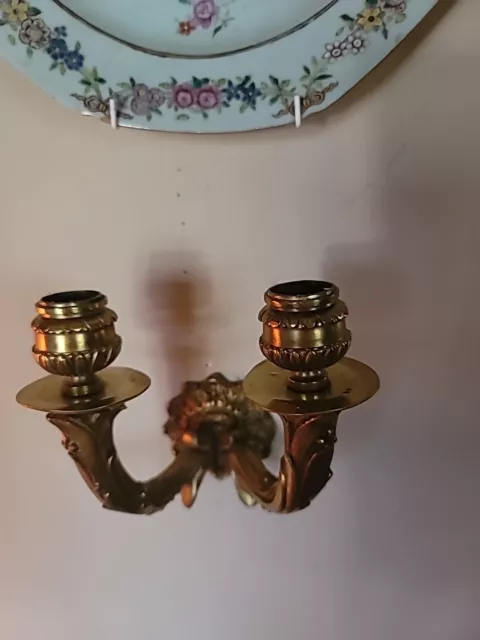 Pair Antique Bronze/Brass Small Double Wall Sconces