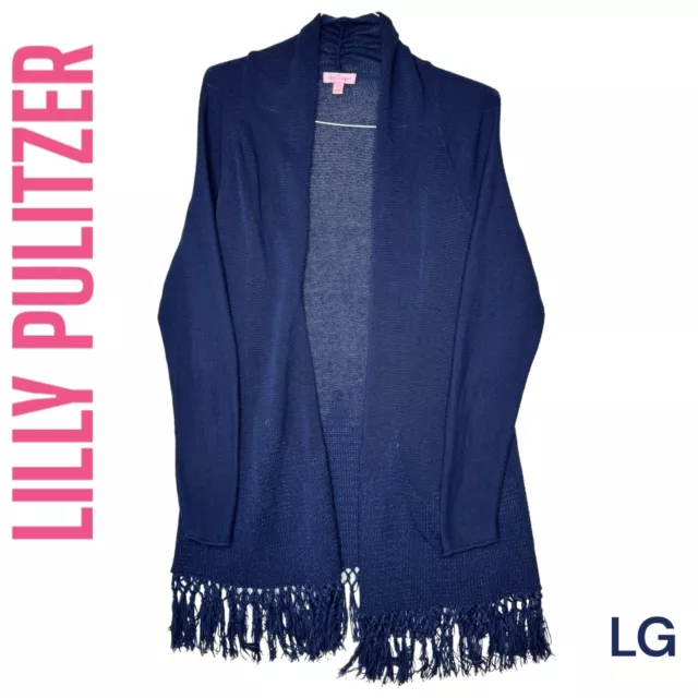 Lilly Pulitzer Womens Tatum Cardigan Sweater Large Navy Blue Knit Fringe