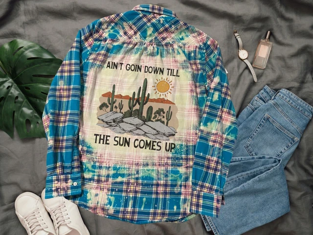 Bleached flannel shirt upcycled clothing custom made boho plaid bleached graphic