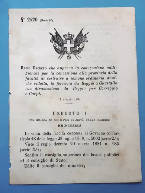 Decreto Regno Italia - Convenzione costruire ferrovia da Reggio a Guastalla 1884