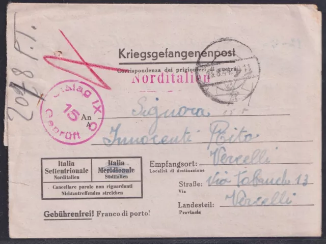 61161) STALAG IX C Bad Sulza Thüringen 1944 KGF-Post nach Italien