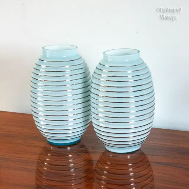 French Vintage PAIR of Pale Bue ART DECO Cased Glass Vases Silver Striped Ribbed