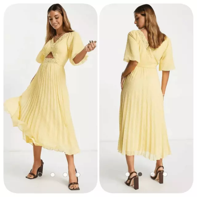 ASOS DESIGN lace insert cut out textured pleated midi dress in lemon yellow Sz 6