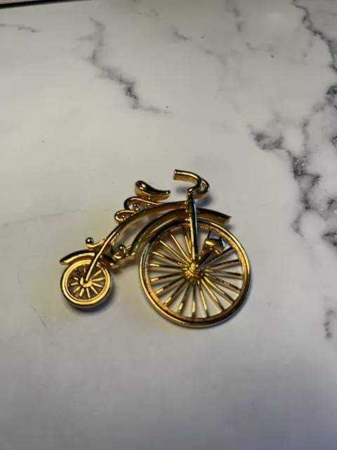 Big Wheel Bicycle Brooch Pin Vintage Gold Tone Costume Jewelry Spinning