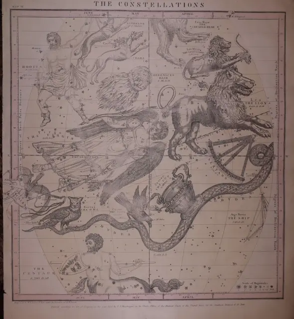 1856 Star Chart ~ CONSTELLATIONS / LEO - VIRGO - LIBRA ~ Map by Burrett -#016