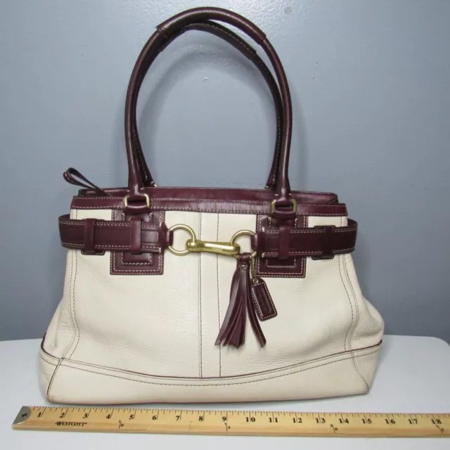 Coach Satchel Shoulder Bag Handbag Leather Cream/Burgundy-Brown Trim Purse Large 2