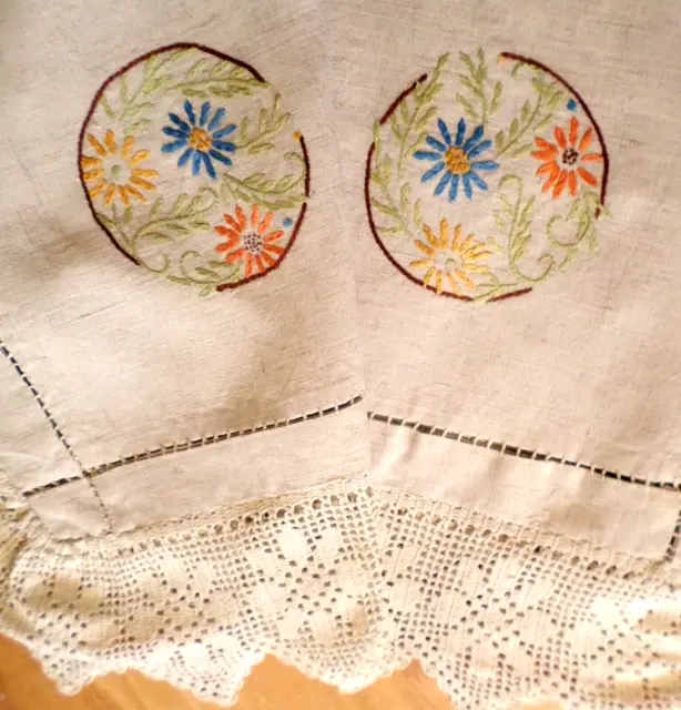 VINTAGE Natural Linen HAND EMBROIDERED Tablecloth CROCHETED LACE Floral GORGEOUS