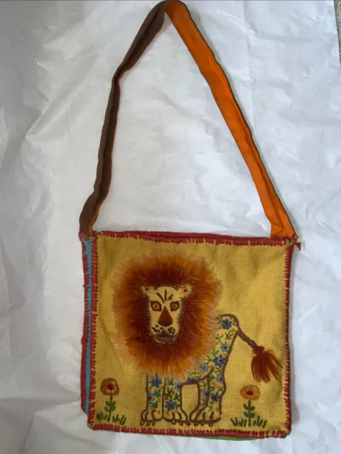 Embroidered Cat lion Theme Tote Yellow Messenger Handmade Purse Handbag
