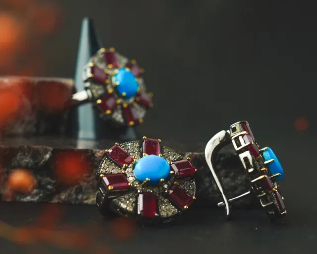 Wedding Jewelry Set Turquoise & Ruby Ring 925 Silver Pave Diamond Jewelry Set