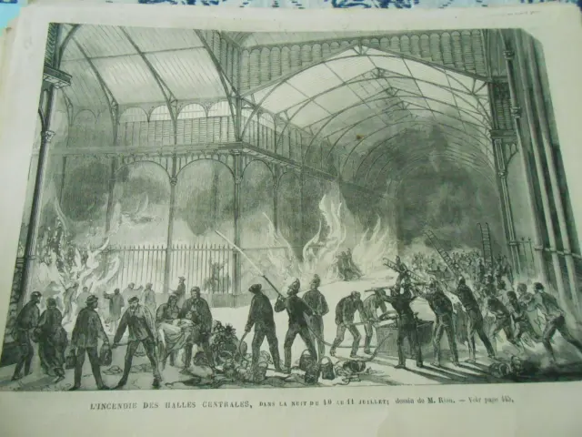 Gravure 1868 - L'incendie des Halles Centrales les pompiers