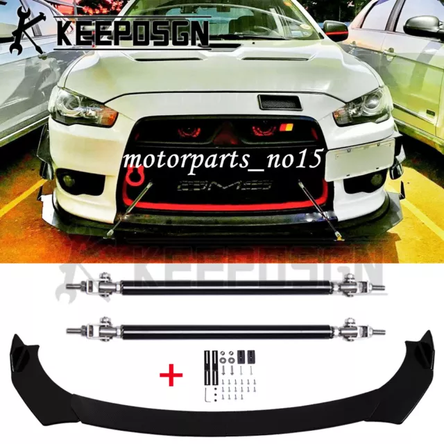 For Mitsubishi Lancer EVO X 10 9 8 Glossy Front Bumper Lip Splitter + Strut Rods For Mitsubishi Lancer EVO X 10 9 8 Glossy Front Bumper Lip Splitter + Strut Rods