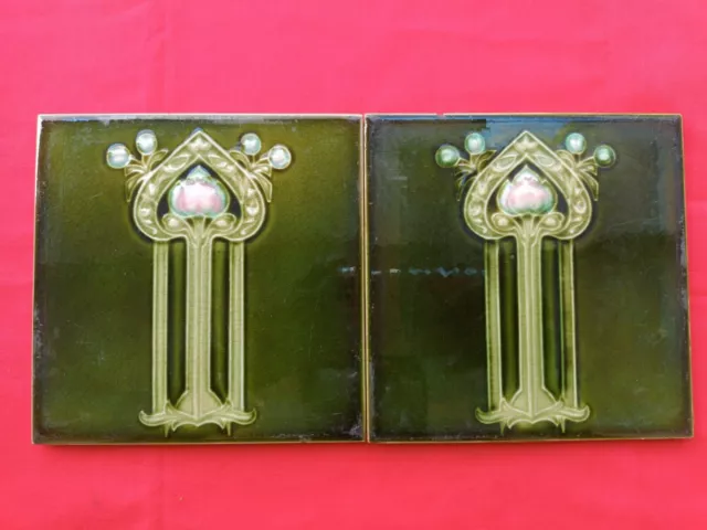 2 Pieces Old Art Floral Design Embossed Majolica Ceramic Tiles England 0014