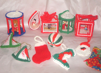 Vintage Hand Made 3D Plastic Canvas Knitted & crochet Christmas Ornament Lot Fun