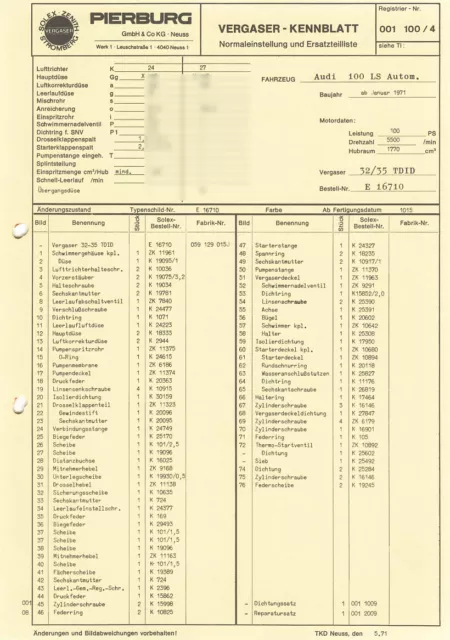 Audi 100 LS Solex 32/35 TDID Vergaser 059129015J Einstelldaten Ersatzteilliste