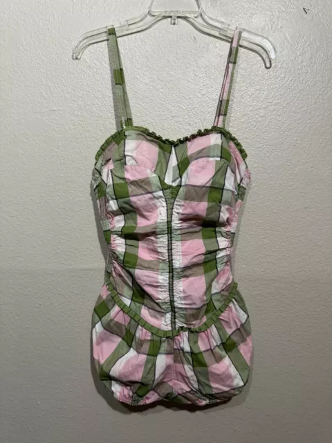 Vintage 1950s PinUp Pink-Green Plaid One-Piece Swim Bathing Suit Cotton