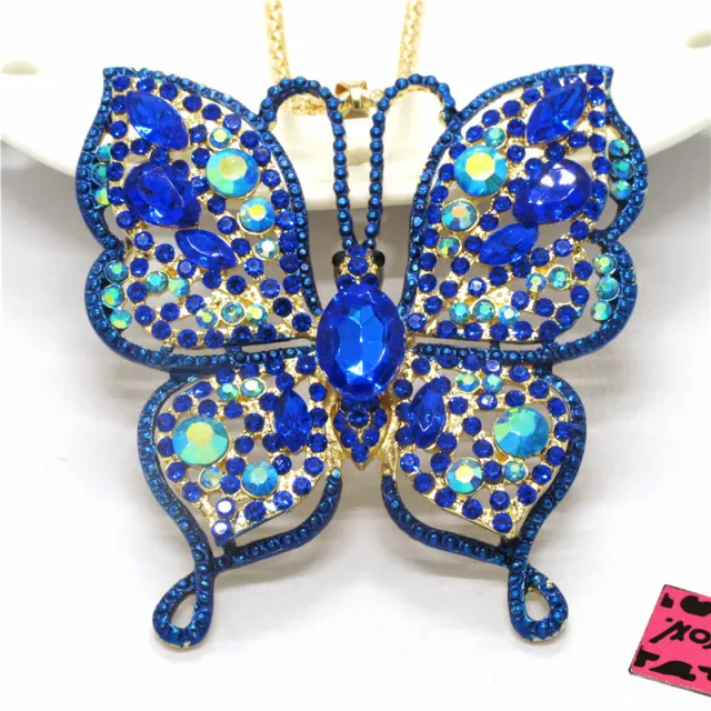 Betsey Johnson Blue AB Bling Butterfly Crystal Pendant Women Necklace