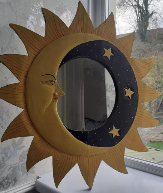 Vintage Sun Moon Star Painted Carved Wood Mirror Large Shabby Chic Size Is 63 cm