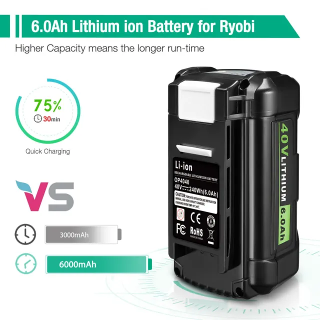 Batterie 40 V 4,0 Ah chargeur rapide pour Ryobi OP4050A OP40602 OP40501 OP40601 3