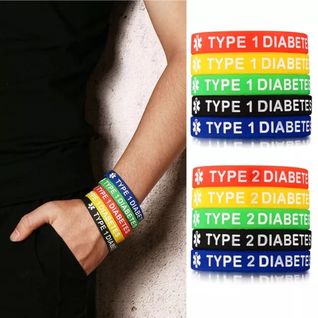 Diabetic Medical Alert Silicone Bracelet Bangle Badge Type 1 & Type 2 Diabetes