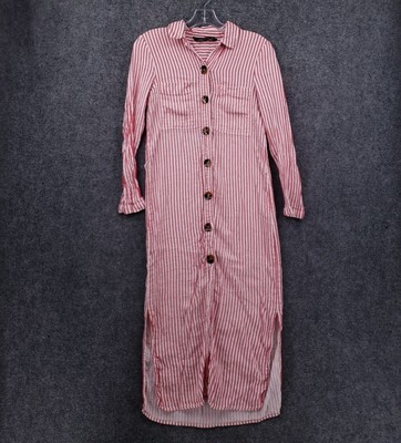 Zara Woman Shirt Dress S Small Red Button-Up Midi Striped Long Sleeves Side Slit