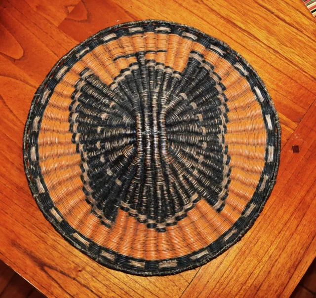 A Large Antique Hopi Basket Tribal Wicker Butterfly Plaque 14 3/4"d x 2" deep