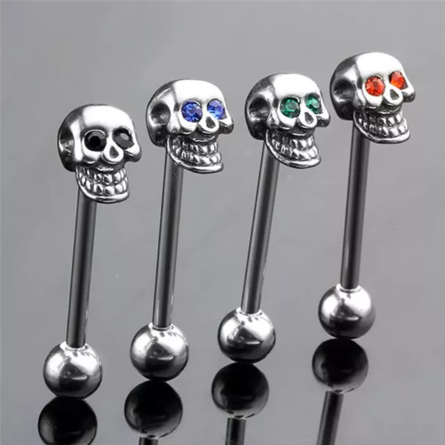 14G Stainless Steel CZ Gem Skull Silvery Tongue Barbell Ring Bar Body Pierc~m'