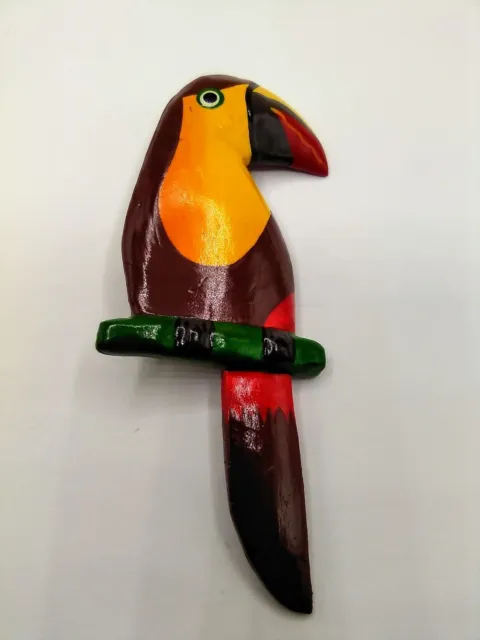 Vintage Carved Wood Painted Toucan Bird Pin Brooch Tropical Caribbean Tiki Style