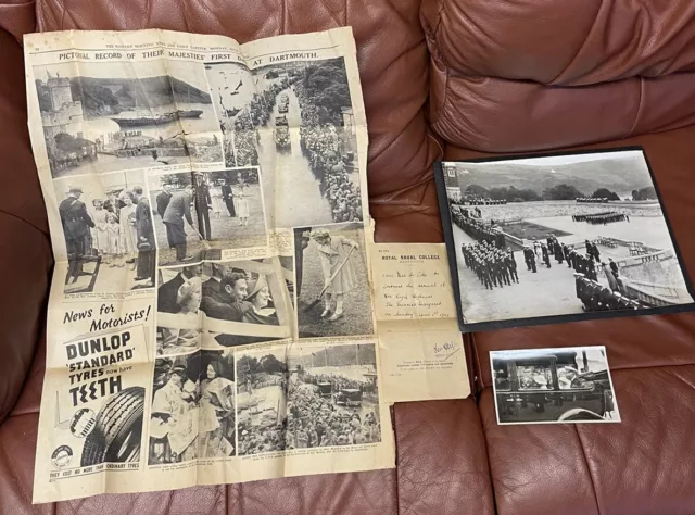 ROYAL FAMILY VISIT TO DARTMOUTH 1939 REAL PHOTO POSTCARD & Newspaper Page NAVAL