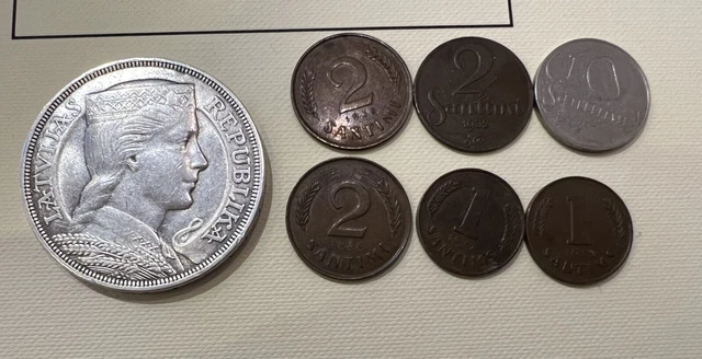 Latvia 5 lati 1931 and 2 Santim 1939,  1932, 1 Santim 1937, 1939