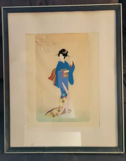 VTG Geisha Girl Japanese Art Painting On Silk? Fabric Framed Signed Red Seal