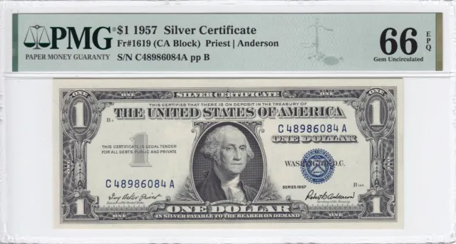 1957 $1 Silver Certificate Note FR#1619 PMG CU 66 EPQ C48986084A