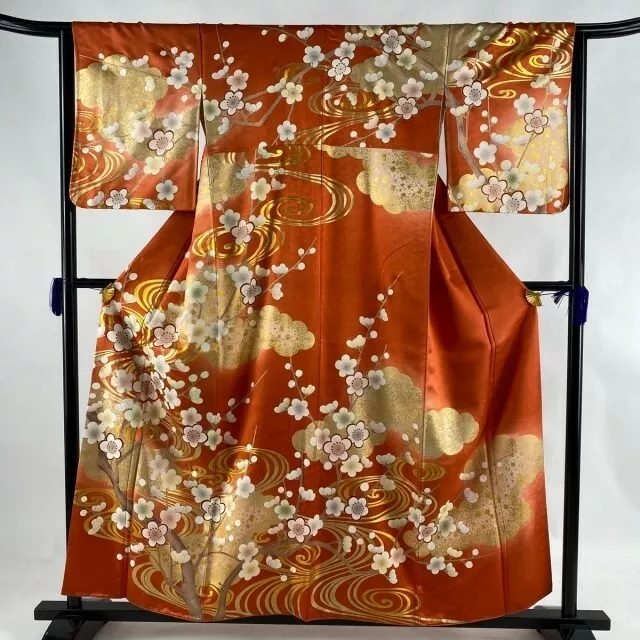 Woman Japanese Kimono Houmongi Silk Plum Blossom Tree Stream Gold Foil Orange