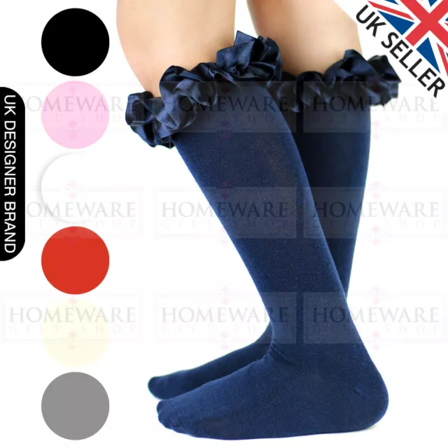 Girls Frilly Satin Knee High Socks Latest Spanish Style Uk Designer Socks White