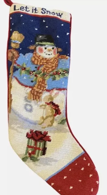 Vintage Wool Needlepoint Christmas Stocking 21" Snowman Let It Snow Red Velvet