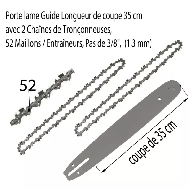 Kit 1 guide 35 cm 3/8LP 1.3 mm + 2 chaînes 52 maillons (tronçonneu
