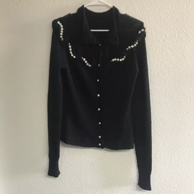 Blumarine Women Black Rib Knit Beaded Cardigan Sweater Cashmere Blend Italy S 3