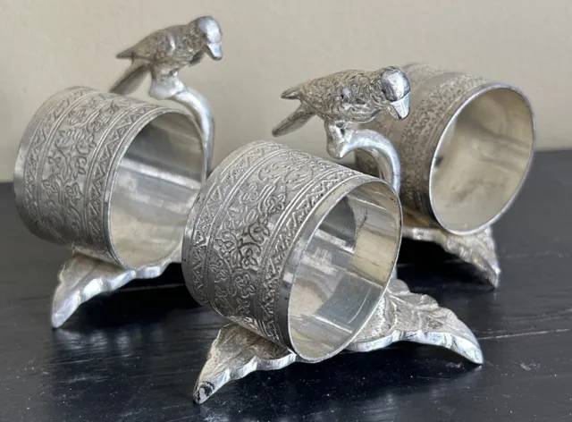 Meridian Victorian Silver Plate Figural Napkin Ring, Bird on Leaf X3 see descrip