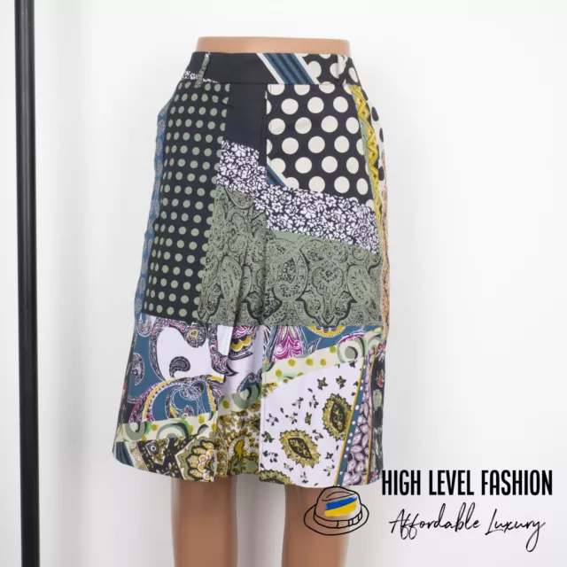 ETRO Milano A-Line Multicolor High Waist Cotton Paisley Patchwork Skirt 42 / M