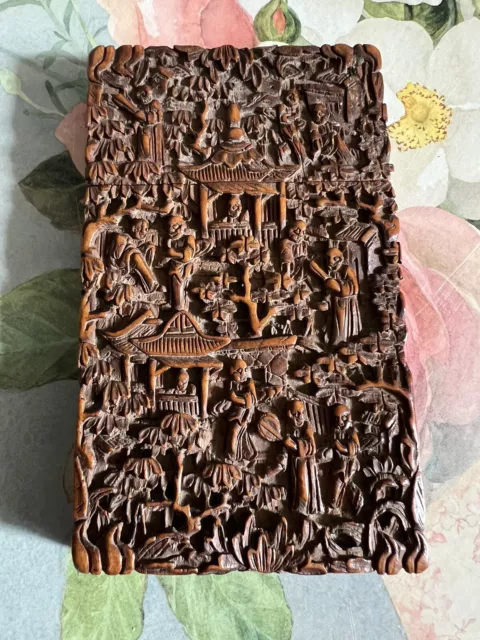 Antique 19th Century Beautiful Carved Chinese Pagoda Sandalwood Card Case A/F