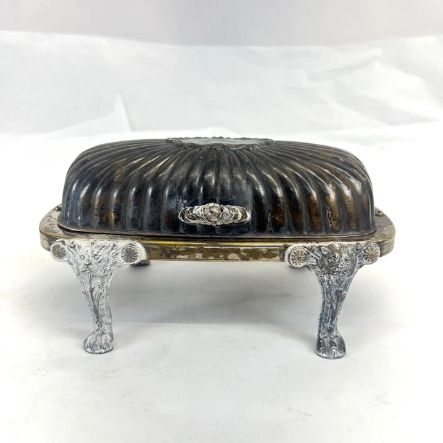 VINTAGE SILVERPLATE LION Footed roll top butter dish FB