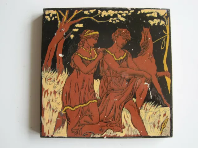 6" Sq. Antique Minton Hollins Venus & Adonis Printed & Enamelled Tile C1880