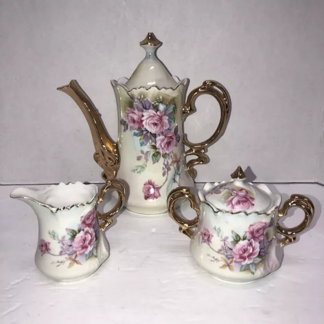 Lefton China Tea Set teapot creamer & sugar handpainted Roses