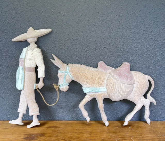 Vintage Mexican Metal Wall Hanging "A Boy and His Donkey" Clay Color Folk Art