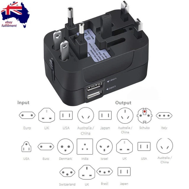 World Wide Travel Adapter Multi Plug Universal Charger UK EU AU US 2 USB Port
